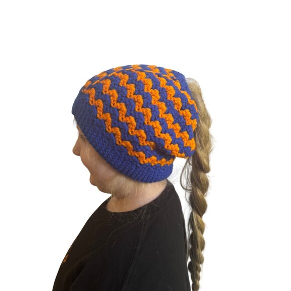 Crochet Blue & Orange Striped Ponytail Beanie Hat Handmade Knit Winter Cap - Picture 5 of 5